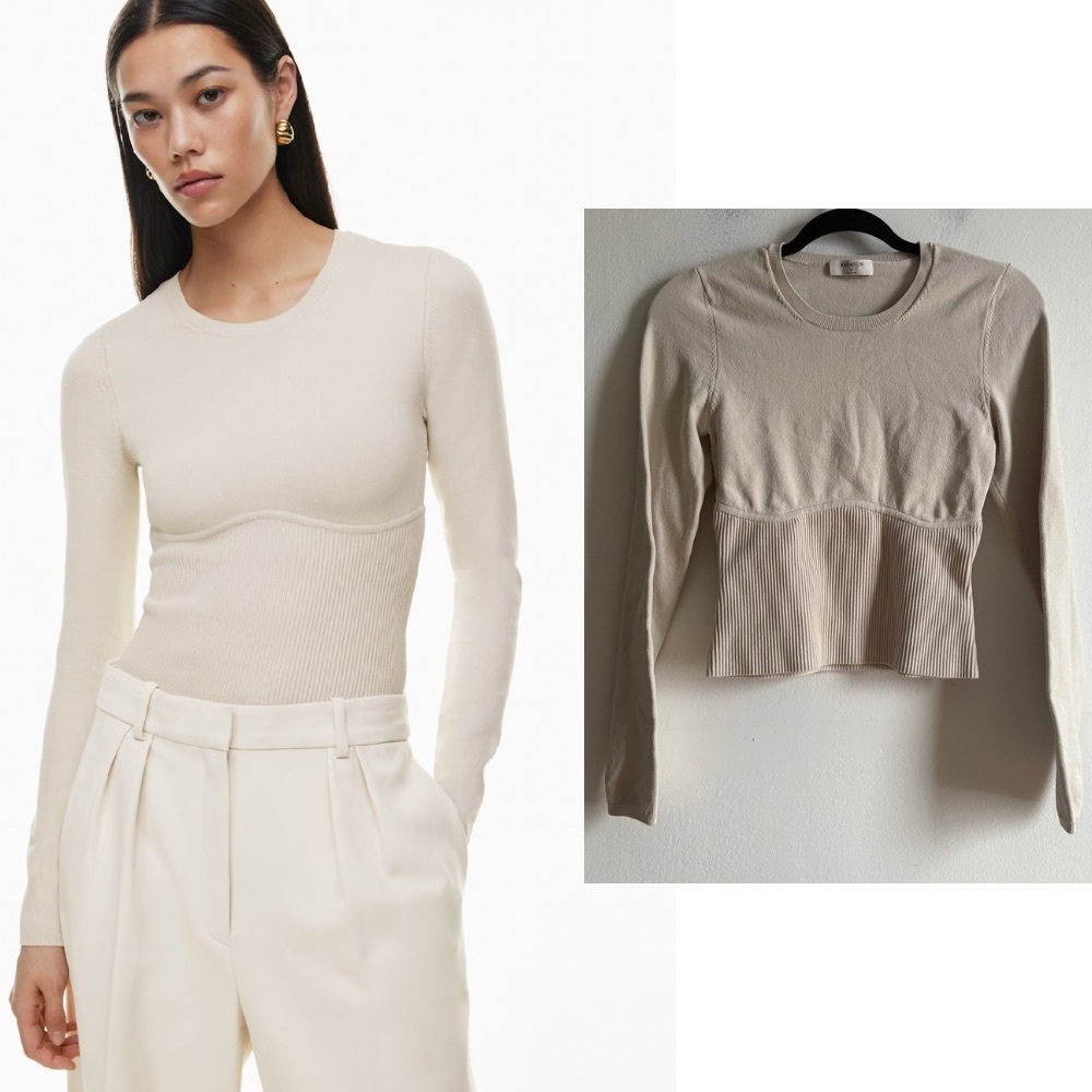 Aritzia Babaton Sz M Sculpt Knit Empire Longsleeve Off White Cream Top